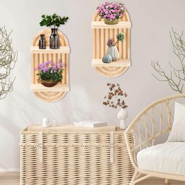 Gachiwar Pack of 2 Boho Wooden Wall Shelves, Bohemian Wall Decoration for Children's Room, Living Room & Bedroom, Plant Stand in Natural Design (Boho Style)