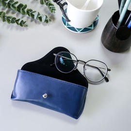 Portable Leather Glasses Case,Flexible Sunglasses Pouch Slim Case for Women Men Horizontal Eyeglass Case, Button-inkblue, Large
