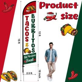 Remagr Tacos Burritos Mexican Restaurant Advertising Flag Pole Kit Include 12 ft Banner Flag and 15 ft Flag Poles Mexican Food Banner Sign for Mexican Restaurant Business Outside