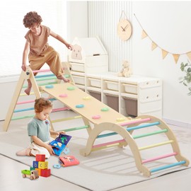 Wooden Pikler Triangle Set - 7 in 1 Montessori Foldable Toddler Climbing Toys for Early Learning - Includes Arch, Ramp, and Climbing Triangle - Indoor/Outdoor Playground Equipment for Toddlers