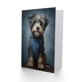 Artery8 Adorable Snorkie Dog in Blue Jean Dungarees Pet for Child Children Kids Birthday Thank You Blank Art Greeting Card