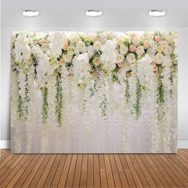 Mocsicka Wedding Flower Backdrop Wall Floral Bridal Shower Backdrops for Photoshoot Wedding Decoration for Reception White Rose Floral Photography Background Banner(7x5ft)