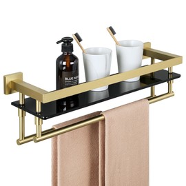 Alise Bathroom Glass Shelf with Double Towel Bar, Tempered Glass Bathroom Shelf Wall Mounted, SUS304 Stainless Steel Modern Floating Shelf, Brushed Gold, 20 inch