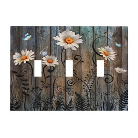 Farmhouse Rustic Floral Butterfly Daisy Country Decorative Outlet Light Switch Cover Triple Toggle Device Wall Plate 3 Gang Electrical Faceplate for Bathroom Home Retro Decor Accessories 6.7" x 4.8"