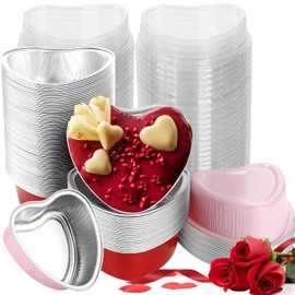 100 Pieces Heart Shaped Cake Tins with Lids Mini Aluminum Foil Heart Cupcake Baking Moulds 3.4 oz Heart Shaped Disposable Containers for Valentine's Day, Mother's Day, Wedding (Red, Pink)