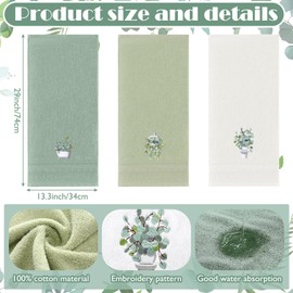 FuWeave 3 Pcs Eucalyptus Hand Towels Farmhouse Embroidered Botanical Bathroom Decor 13.3x29.5 Inch Farmhouse 100% Cotton Decorative Green Leaves Hand Towels for Bathroom Kitchen