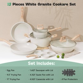 13 Pcs Pots and Pans Set, Nonstick Cookware Sets White Granite Induction Cookware, Non-toxic Healthy Non stick Kitchen Cooking Set with Frying Pans Set, Saucepans (PFAS/PFOA/PFOS Free)
