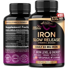 Iron Supplement for Women - Iron 65mg (Ferrous Sulfate 325mg) - Stomach Friendly | Slow Release Iron | High Absorption - Vitamins C, D3, B6, B12 & Folate - Iron Level & Energy Support - 120 Capsules