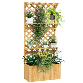 Outsunny Wooden Planter with Trellis, Raised Garden Bed with Hanging Roof, Plant Shelf, Drainage Holes and Bed Liner, for Climbing Plants, Vegetables, Flowers, 30" x 13" x 70", Natural