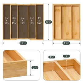 Bamboo Utensil Organizer Cutlery Organizer - Expandable 5 Slots Multipurpose Kitchen Drawer Organizer for Large Cooking Utensils, Baking Tools, Knife Set W13.7"-19.9" x L17.6" X H2.5"(Yellow)