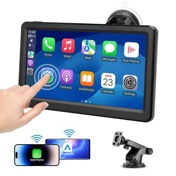 Wireless Carplay Screen for Car, 7" HD Touch Screen Portable