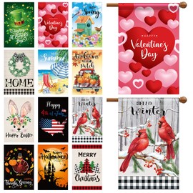 Mixweer 12 Pack 28 x 40" Seasonal Garden Flags for Outside Holiday Double Sided Large Lawn Yard Garden Outdoor Flags Banner Set Polyester for Valentine Festive Decorations