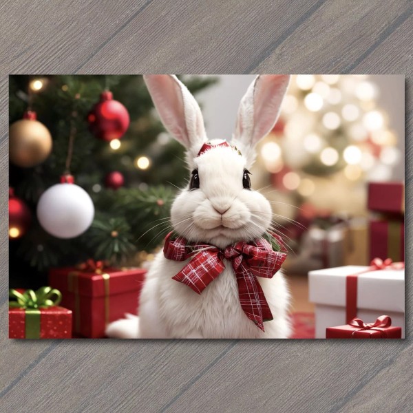4x6" Festive Bunny Rabbit Christmas Joy by the Tree and