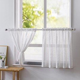 NSXIN Set of 2 Net Curtains, Semi-Transparent Bistro Curtains, White Window Curtain, Half Kitchen Curtains, Window Curtain for Small Windows, Kitchen, Living Room, Country House (White, W 90 x H 90