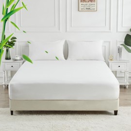 LINENOVA Bamboo King Single Fitted Sheet 1 Piece Only- 2000TC Ultra Soft & Breathable - Ideal for Hot Sleepers - 16" Deep Pocket, Elastic Easy Fit - All-Season Comfort (King Single, White)