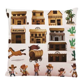 Ofocam Throw Pillow Cover White West of Cowboys and Buildings Wild Saloon Decorative Throw Pillow Cushion Case for Home Decor 18 x 18 Inches