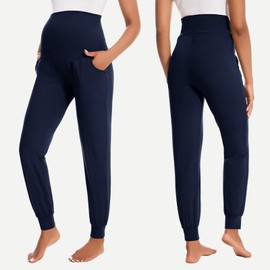 HIGHDAYS Soft Maternity Pants with Pockets, Over Belly Comfy Maternity Leggings, Thick Pregnancy Joggers Sweatpants for Fall Winter Navy Blue XL