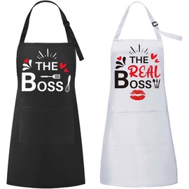 2pcs Kitchen Apron Funny Couples Kitchen Apron with Pocket Adjustable Cooking Apron BBQ Aprons Gift for Wedding Engagement Valentine's Day Christmas Adjustable Pair Aprons with 2 Pockets, White