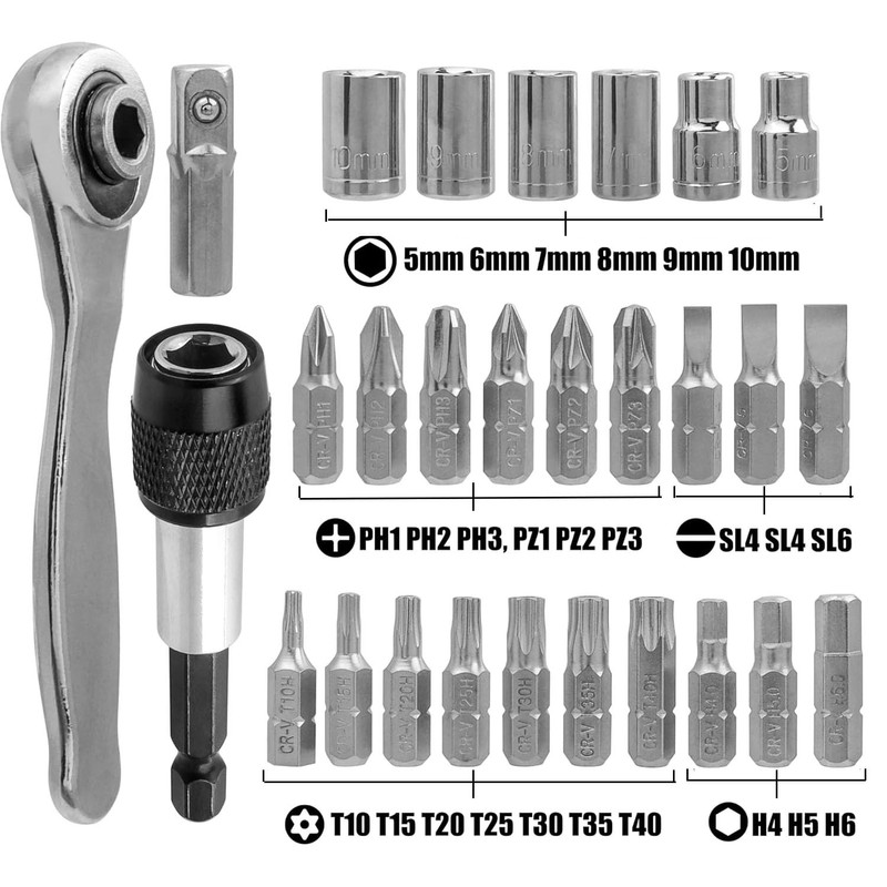 Gasea 28 in 1 Ratchet Set, 1/4" Right Angle Screwdriver