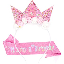 Vovii 8th Birthday Decorations for Girls, Birthday Girl Headband & Glitter Sash Set for 8 Year Old Girl Birthday Decorations, Birthday Flower Princess Crown Headband for Happy 8th Birthday Girl Outfit