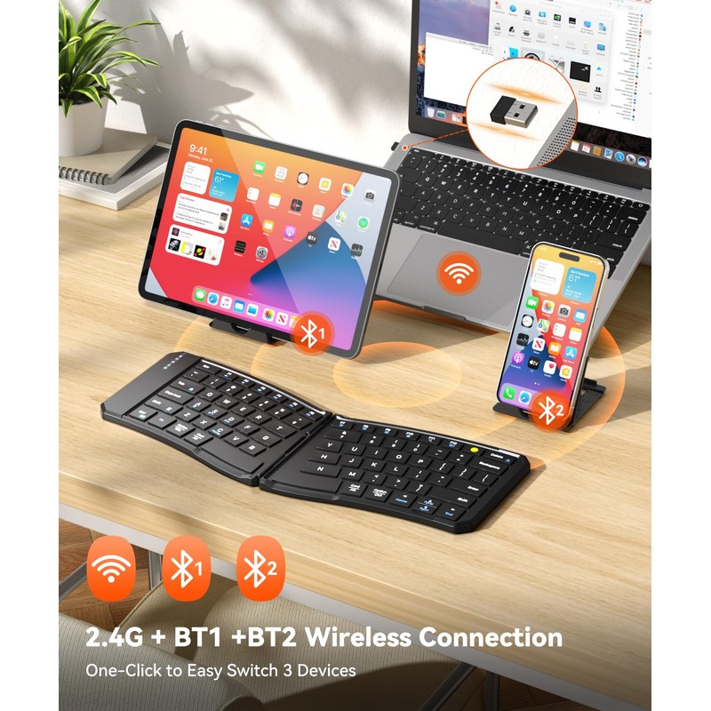 Ergonomic Foldable Keyboard, Portable Folding Travel Bluetooth Keyboard for Business