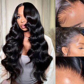 Ladoux 13x6 Body Wave Lace Front Wigs Human Hair Pre Plucked 18Inch 180% Density HD Transparent Lace Frontal Wigs for Women Glueless Wig with Baby Hair