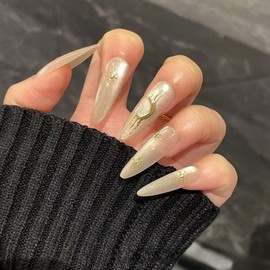 SXVME Cat Eye Nude 3D Press on Nails Long Almond, Spring Fake Nails with Designs, Almond Glue on nails with Star Moon, Thick Cute Stiletto Extra Long Nails for Women and Girls, 30 Pcs