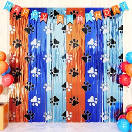 YAOWKY Paw Birthday Decorations, 2 Pack Orange and Light Blue Paw Tinsel Foil Fringe Curtains Streamers Backdrop 3.28 x 6.56 Ft Photo Booth for Boys Girls Kids Birthday Party Supplies