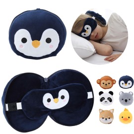 ecoZen Lifestyle Travel Pillow Set with Eye Mask - Comfort for Traveling Kids - Soft and Supportive Neck Pillow for Plane, Car, or Train Journeys - Penguin Design