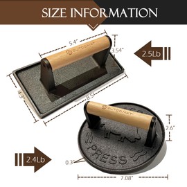 Burger Press Smash Burger Press for Blackstone Griddle Heavy Duty Cast Iron 7.08”Round & 8.5" X 4.3" Rectangular Grill Press Bacon Press with Wood Handle and Silicone Protective Cover