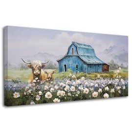 Anolyfi Barn Picture Highland Cow and Wildflowers Landscape Wall Art Farmhouse Canvas Prints, Rustic Nature Scenery Picture Artwork Large Frame Living Room Bedroom Bathroom Office Home Decor 48"x24"