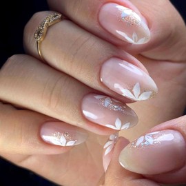 Pink Press on Nails Short Glue on Nails Almond Fake Nails White Flowers Acrylic Nails Glossy Glitter Full Cover Nails Press ons Hard Artificial Fall False Stick on Nails for Women Girl 24 Pcs
