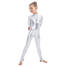 Kepblom Girls Shiny Metallic Mock Neck Unitard Long Sleeve Zipper Back One Piece Bodysuit Costume