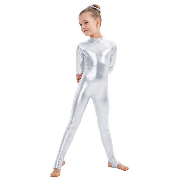 Kepblom Girls Shiny Metallic Mock Neck Unitard Long Sleeve Zipper