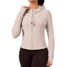 QUEENIEKE Hooded Workout Jacket for Women - Zip Up Athletic Running BBL Jacket Croped Tops with Back Mesh Vent & Thumb Holes (Almond, Small)