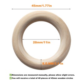 WELHAEPI Wooden Rings for Crafts, Pack of 40 Wooden Rings, Natural Wood Macrame Rings, Unfinished Wooden Rings for DIY Jewellery, Bracelet, Macrame Pendant, Hanging Decoration Rings - 45 mm