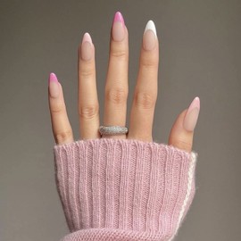 MISUD Medium Press on Nails Pink Fake Nails Stiletto Glossy False Nails French Tip Glue on Nails Almond Acrylic Nails for Women and Girls 24Pcs