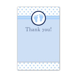 30 Blank Thank You Cards Notes Baby Boy Shower Cute Feet Stars Navy Blue + 30 White Envelopes