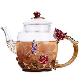 XUDREZ Glass Blooming Tea Teapot for Women - Red Rose Floral with Gold, 10.15oz/300ml