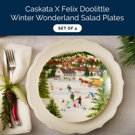 Caskata X Felix Doolittle Winter Wonderland Plates Set of 4 | High-Design Lead-Free Porcelain Dinnerware Plate Set | Multicolor Dinnerware Set for Christmas, Holiday, Birthday Gifts | 8.5 in