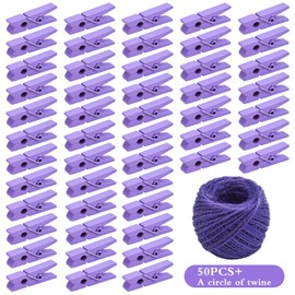 BronaGrand 50pcs Purple Mini Wooden Pegs Pins Hardwood Photo Clips Clothespins Non Slip Laundry Pegs with 1 Roll Natural 50 M Jute Twine for Paper Photo Hanging Arts Crafts Decor