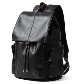 MOYYI Leather Backpack for Men Fits 15.6" Laptop Vintage Backpack Waterproof Drawstring Backpack for Travel Daily Work Black