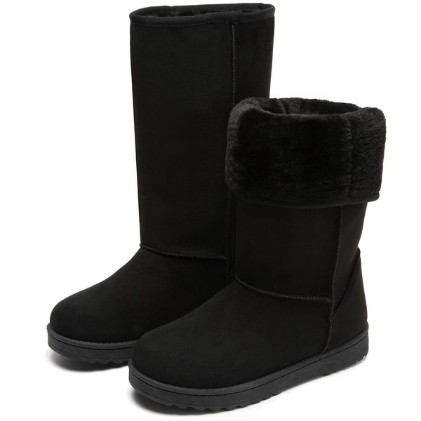 FINIWOR Winter Snow Boots For Women Classic Mid-Calf Fuzzy Boots Fur Lined Warm Boots（Black；US9）