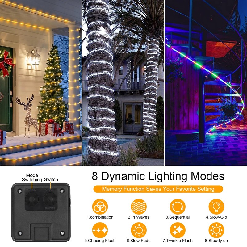 SFNDOU 33FT 100LED Solar Rope Lights Outdoor Waterproof, White Solar