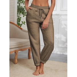 Famulily Womens Winter Warm Pants Thick Sherpa Athletic Jogger Drawstring Fleece Sweatpants with Pockets Coffee L