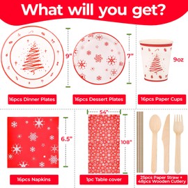 WedDecor Christmas Decorations Party Disposable Tableware Set - 138 Pieces, Includes Plates, Cups, Straws, Napkins, Xmas Rectangle Tablecloth and Wooden Cutlery for 16 Guests | Red & White Xmas Theme