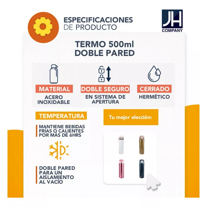 J.H COMPANY Termo De Acero Inoxidable Doble Seguro Antiderrame 500