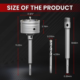 CSOOM Concrete Hole Saw 3-3/4" (95mm) with 220mm SDS Plus Shank Connecting Rod, Carbide Cement Hole Saw for Concrete Cement, Brick Wall Stone