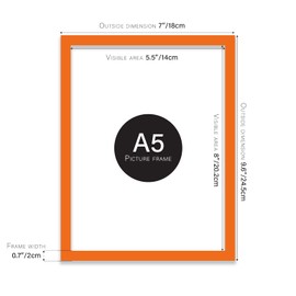 Almost Frameless A5 Orange Picture Frame Fits A5 (14.8 x 21cm - 5.8 x 8.3in) Poster, Photo, Artwork, or Print. Thin Edge Slim Frame Portrait and Landscape Display with Wall Hooks