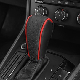 Gear Shift Knob Cover PU Leather Car Stick Shift Knob Cover Universal Fit for Most Cars, Non-Slip Gear Shifter Protector, Stylish Gear Shift Hoodie (Black-red)